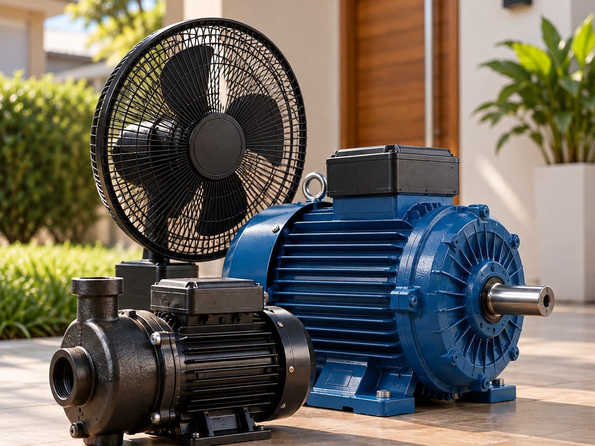Ventilador, motobomba e motor elétrico na área externa de uma casa